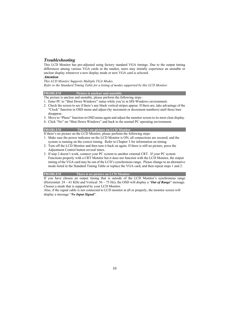 Troubleshooting, Attention | Planar PE150 User Manual | Page 12 / 13