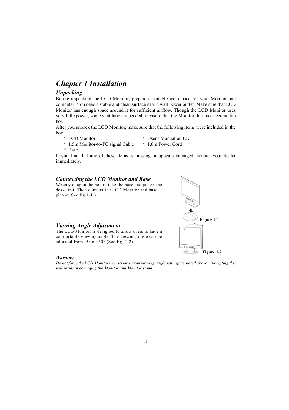 Chapter 1 installation, Unpacking, Connecting the lcd monitor and base | Figure 1-1, Viewing angle adjustment, Figure 1-2, Warning | Planar PE150 User Manual | Page 6 / 13