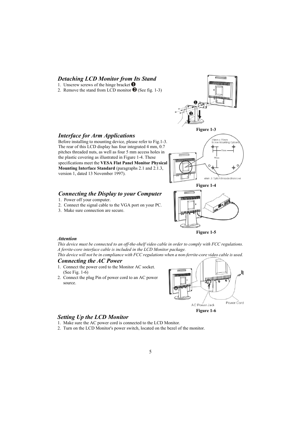 Detaching lcd monitor from its stand, Interface for arm applications, Connecting the display to your computer | Figure 1-5, Attention, Connecting the ac power, Setting up the lcd monitor | Planar PE150 User Manual | Page 7 / 13