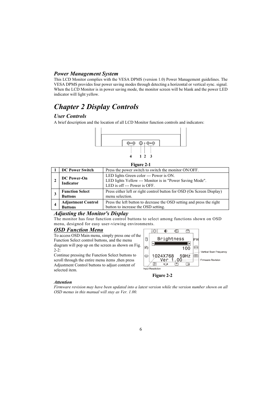 Power management system, Chapter 2 display controls, User controls | Adjusting the monitor's display, Attention | Planar PE150 User Manual | Page 8 / 13