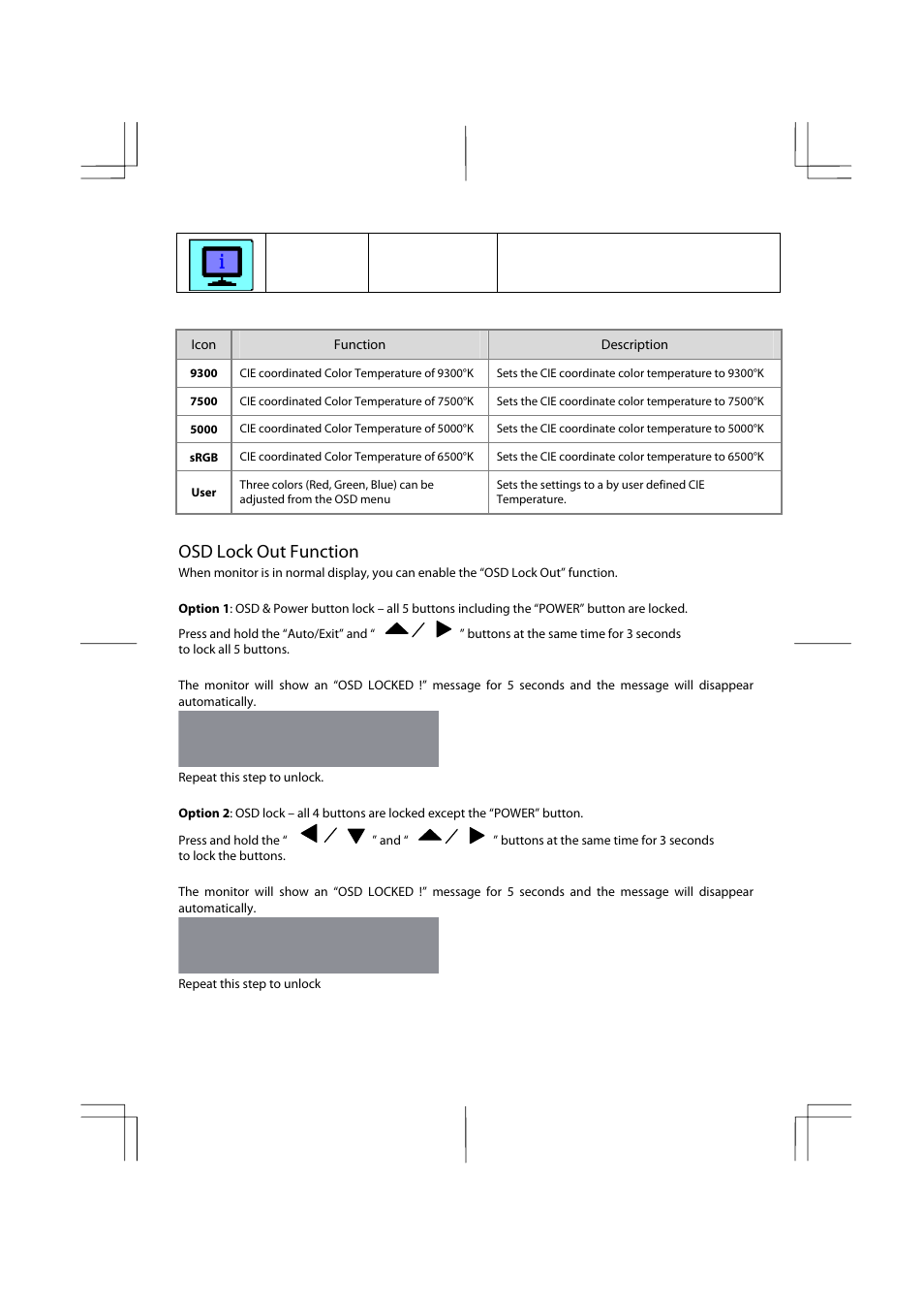Osd locked, Osd lock out function | Planar PX2211MW User Manual | Page 12 / 19