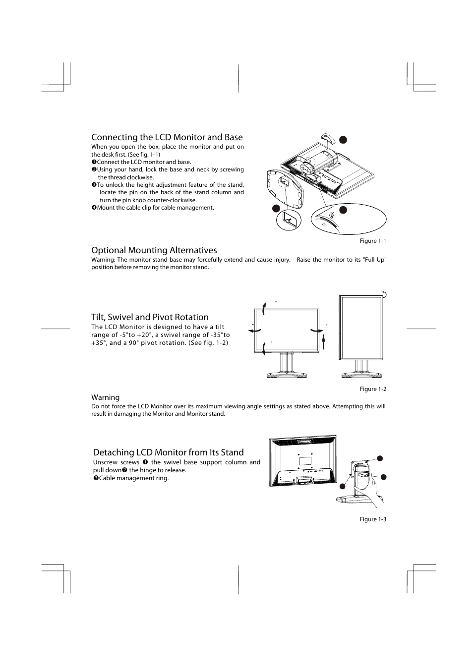 Connecting the lcd monitor and base, Optional mounting alternatives, Tilt, swivel and pivot rotation | Detaching lcd monitor from its stand, Warning | Planar PX2211MW User Manual | Page 6 / 19