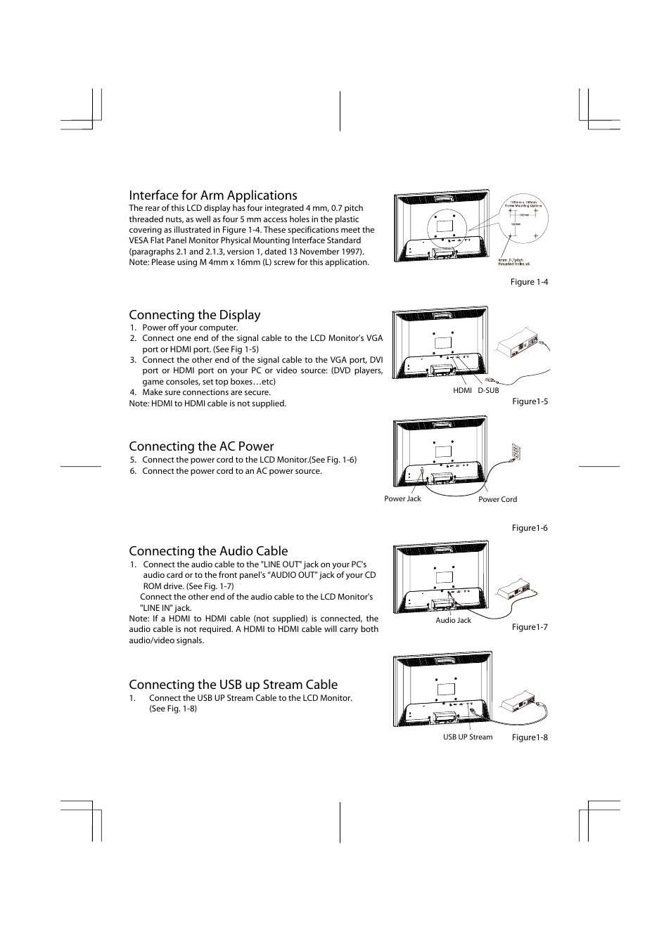 Interface for arm applications, Connecting the display, Connecting the ac power | Connecting the audio cable, Connecting the usb up stream cable | Planar PX2211MW User Manual | Page 7 / 19