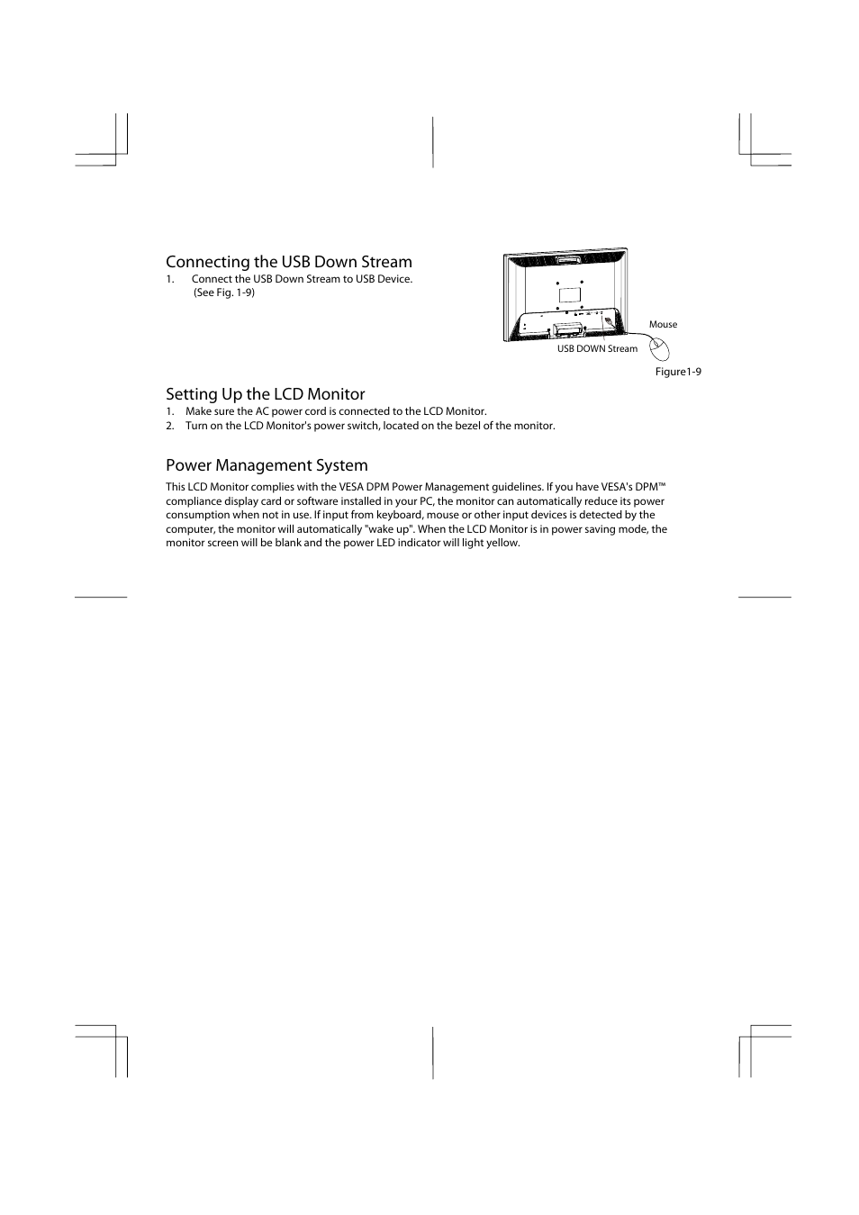 Connecting the usb down stream, Setting up the lcd monitor, Power management system | Planar PX2211MW User Manual | Page 8 / 19