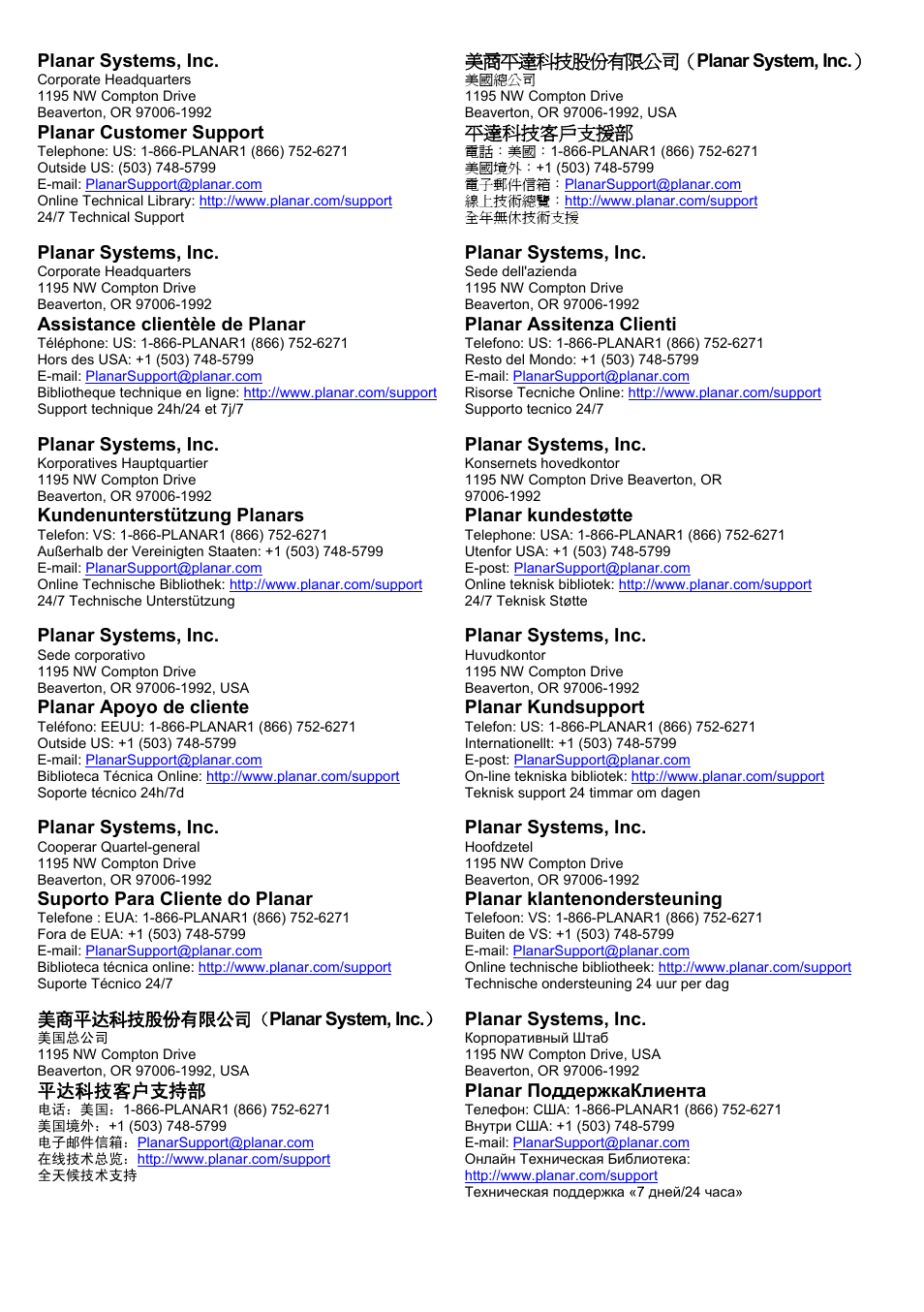 Planar systems, inc, Planar customer support, 美商平達科技股份有限公司（ planar system, inc | 平達科技客戶支援部, Assistance clientèle de planar, Planar assitenza clienti, Kundenunterstützung planars, Planar kundestøtte, Planar apoyo de cliente, Planar kundsupport | Planar PR Line PR5030 User Manual | Page 2 / 51