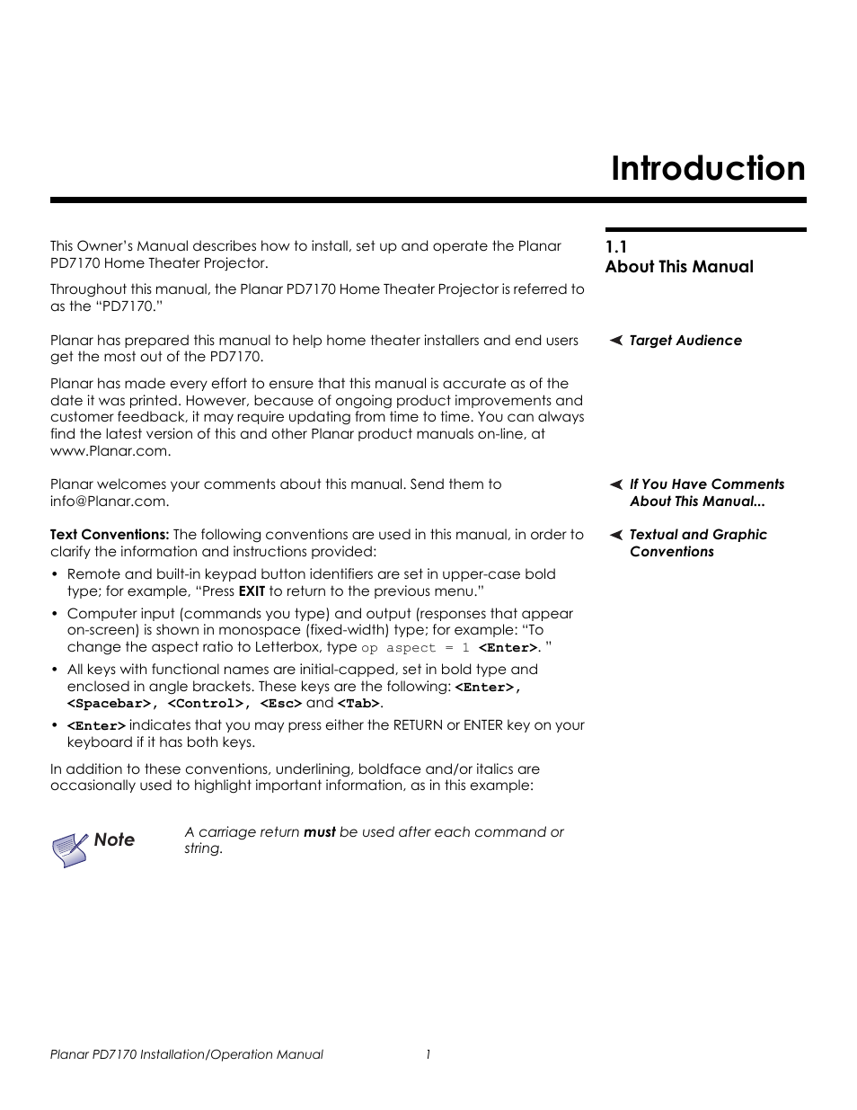 Introduction, 1 about this manual, Target audience | If you have comments about this manual, Textual and graphic conventions, Text conventions, About this manual, Prel imina ry | Planar PD7170 User Manual | Page 15 / 100