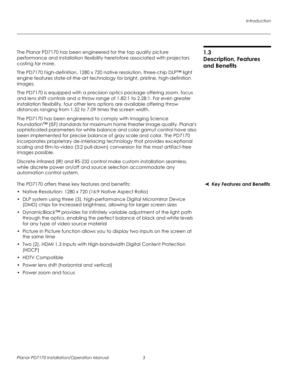 3 description, features and benefits, Key features and benefits, Description, features and benefits | Prel imina ry | Planar PD7170 User Manual | Page 17 / 100