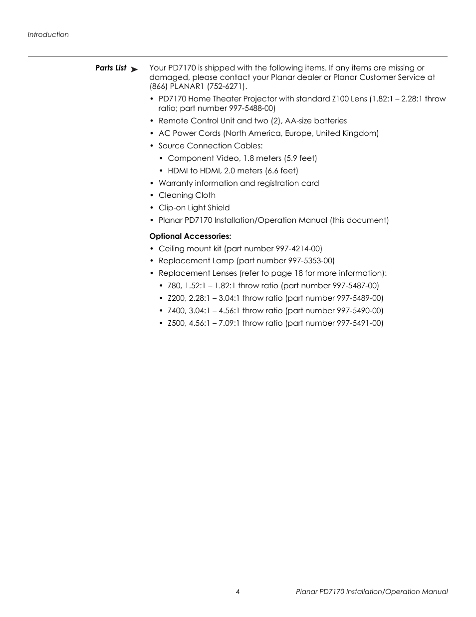 Parts list, Optional accessories, Prel imina ry | Planar PD7170 User Manual | Page 18 / 100