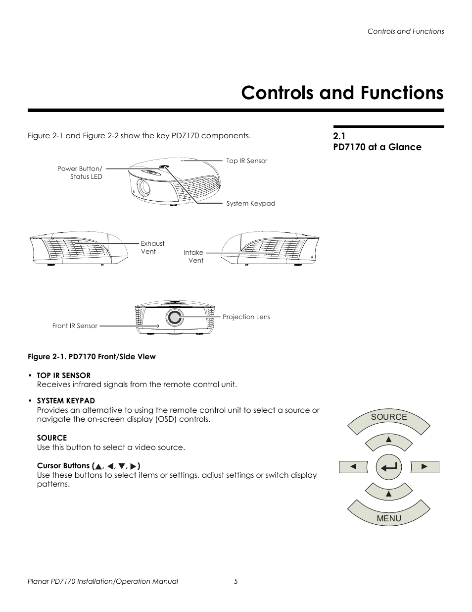 Controls and functions, 1 pd7170 at a glance, Figure 2-1 . pd7170 front/side view | Mina, Pd7170 at a glance, 1. pd7170 front/side view, Prel imina ry | Planar PD7170 User Manual | Page 19 / 100