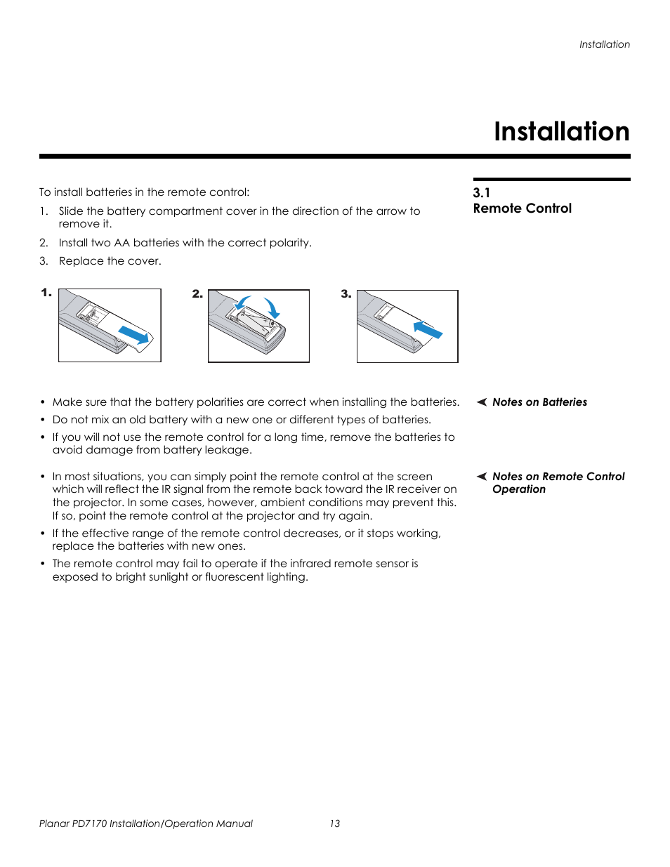 Installation, 1 remote control, Notes on batteries | Notes on remote control operation, Remote control, Prel imina ry | Planar PD7170 User Manual | Page 27 / 100