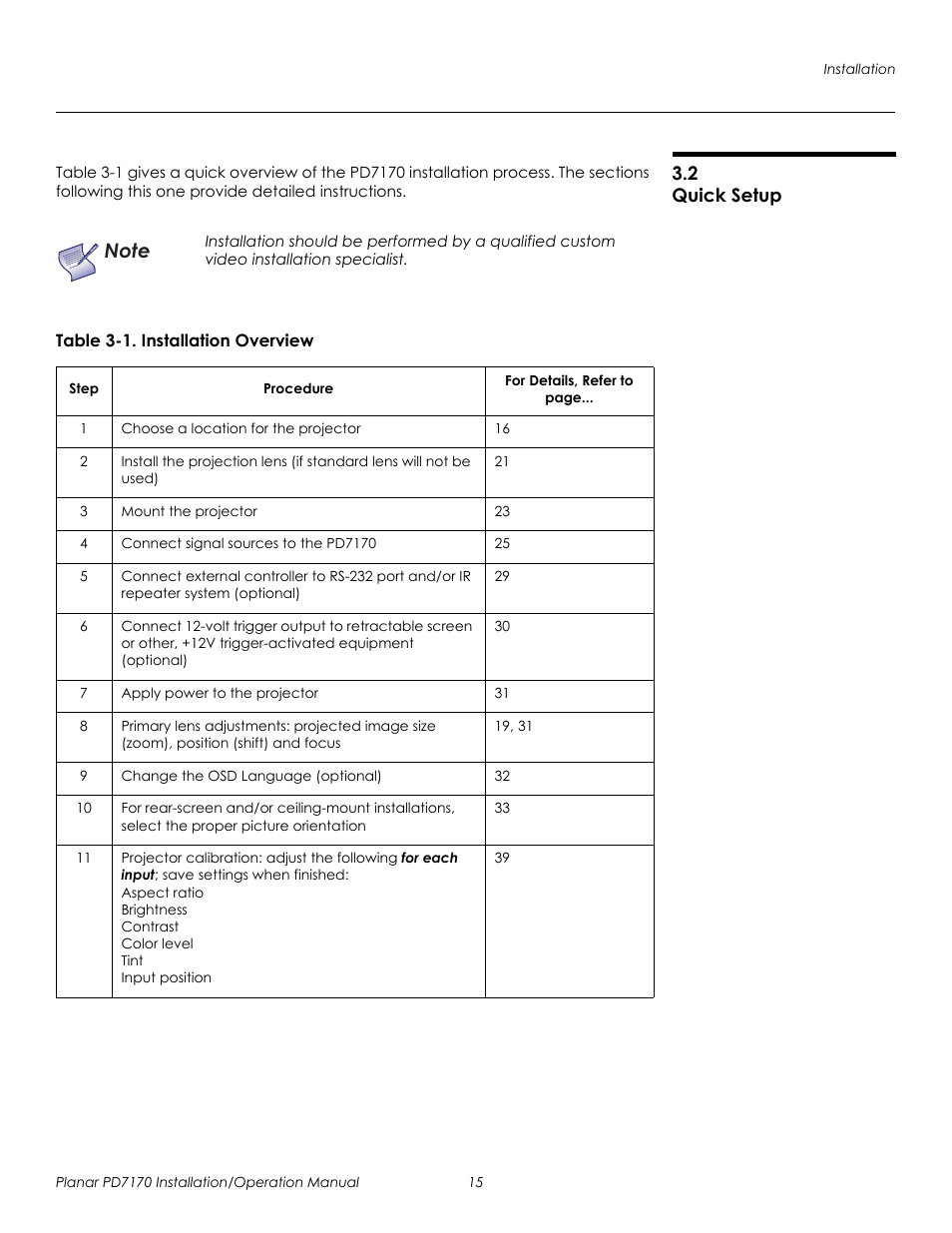 2 quick setup, Table 3-1 . installation overview, Quick setup | Prel imina ry | Planar PD7170 User Manual | Page 29 / 100