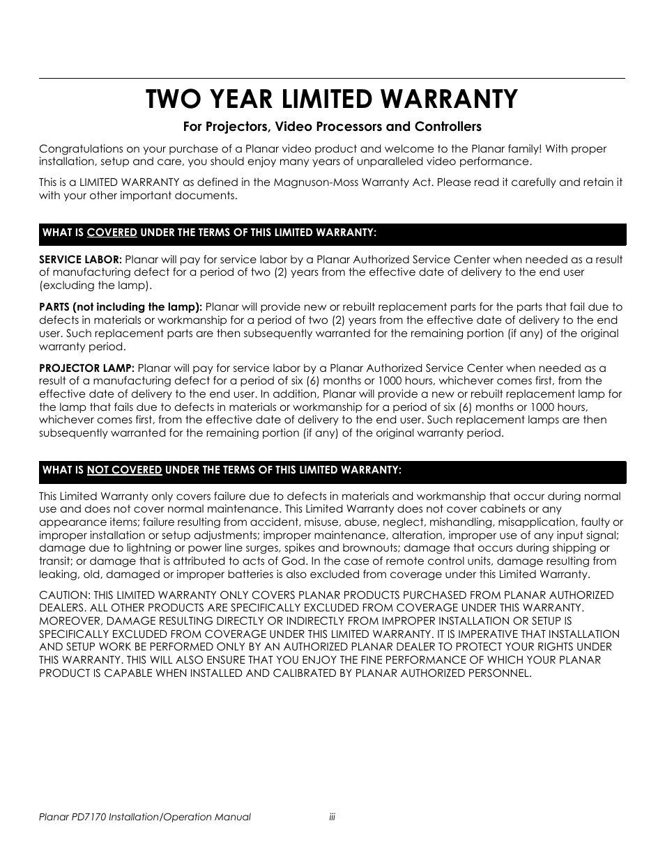 Two year limited warranty, Service labor, Parts (not including the lamp) | Projector lamp, Prel imina ry | Planar PD7170 User Manual | Page 3 / 100
