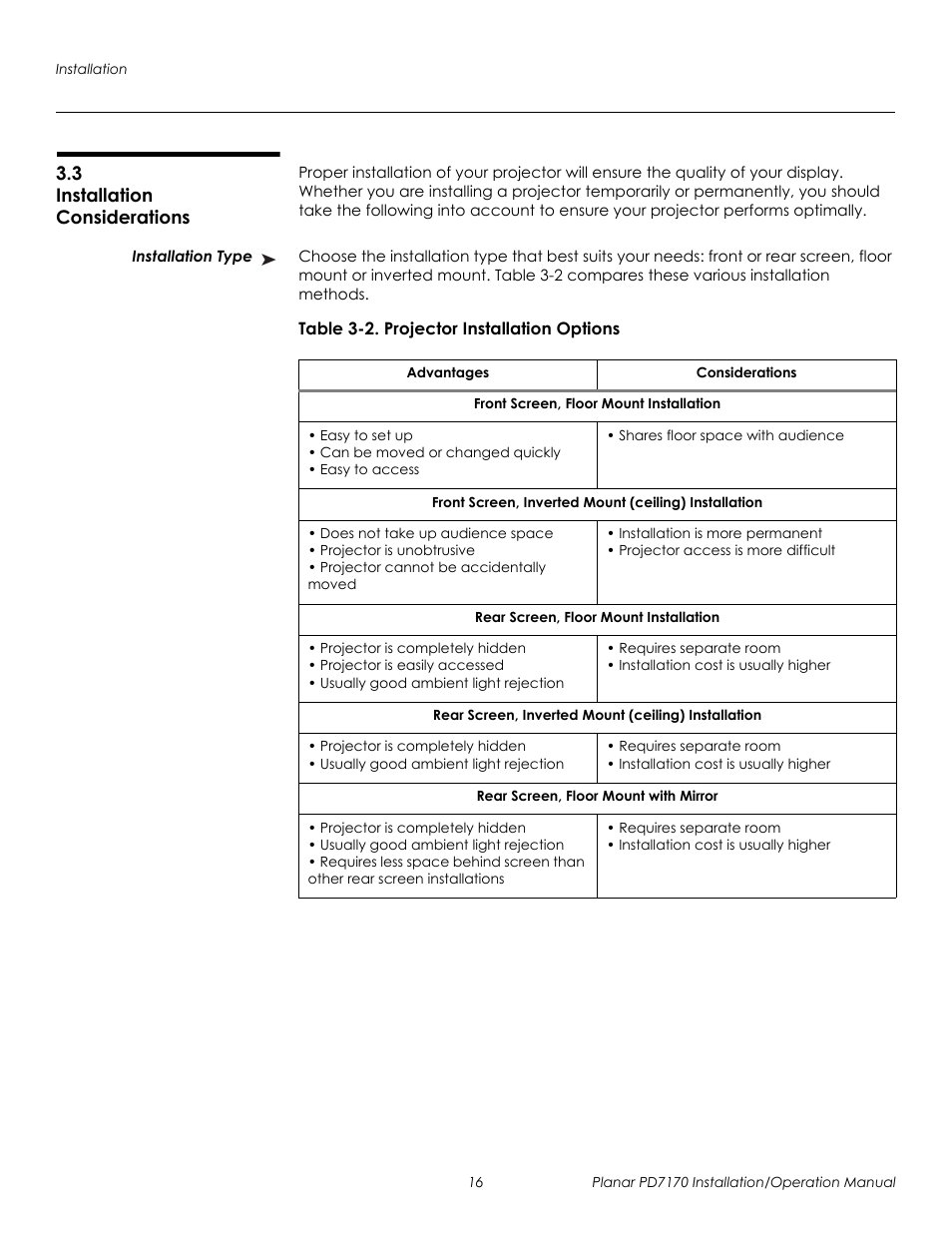 3 installation considerations, Installation type, Table 3-2 . projector installation options | Installation considerations, Prel imina ry | Planar PD7170 User Manual | Page 30 / 100