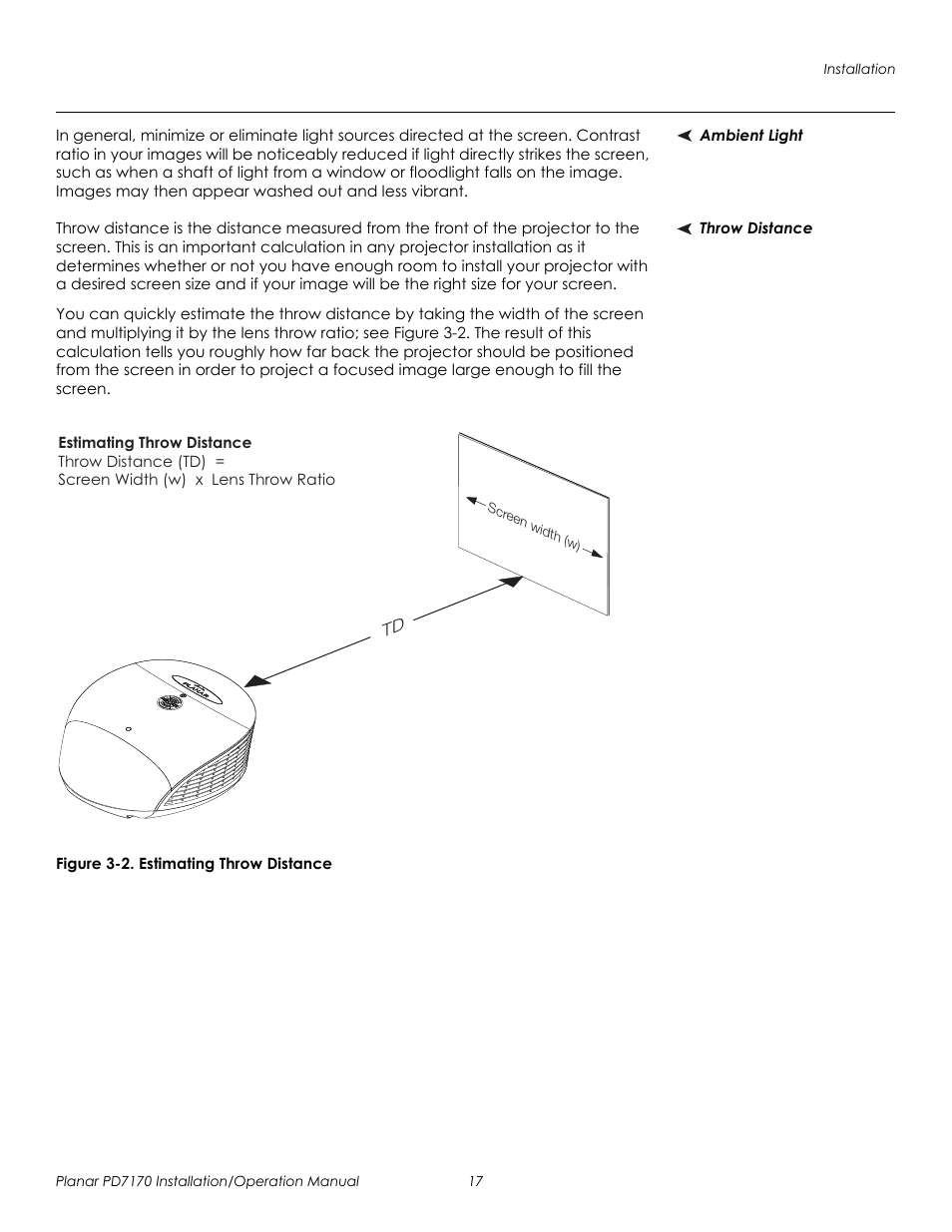 Ambient light, Throw distance, Figure 3-2 . estimating throw distance | Ambient light throw distance, 2. estimating throw distance, Prel imina ry | Planar PD7170 User Manual | Page 31 / 100
