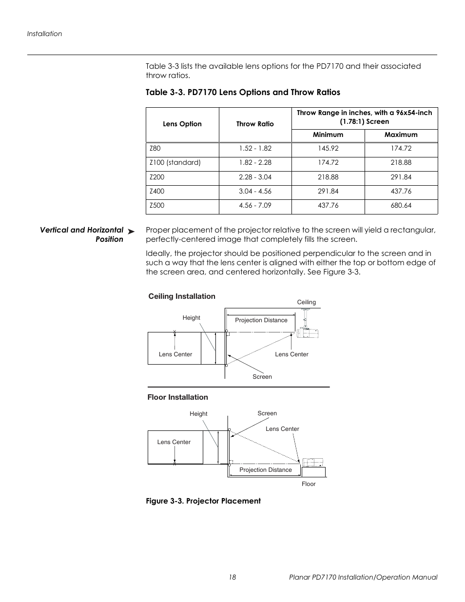 Table 3-3 . pd7170 lens options and throw ratios, Vertical and horizontal position, Figure 3-3 . projector placement | 3. projector placement, Prel imina ry | Planar PD7170 User Manual | Page 32 / 100