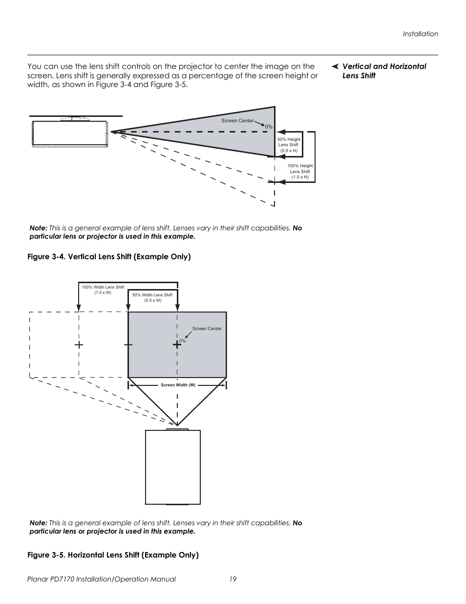 Vertical and horizontal lens shift, Figure 3-4 . vertical lens shift (example only), Figure 3-5 . horizontal lens shift (example only) | Prel imina ry | Planar PD7170 User Manual | Page 33 / 100