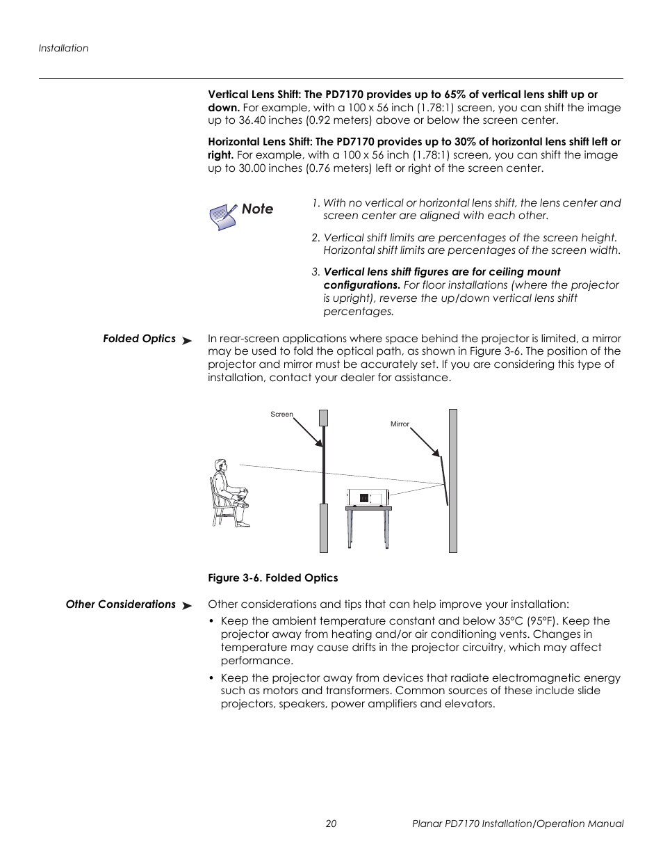 Vertical lens shift, Horizontal lens shift, Folded optics | Figure 3-6 . folded optics, Other considerations, Folded optics other considerations, 6. folded optics, Prel imina ry | Planar PD7170 User Manual | Page 34 / 100