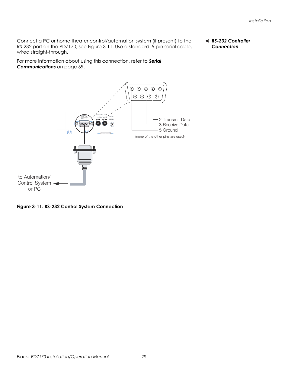 Rs-232 controller connection, Figure 3-11 . rs-232 control system connection, 11. rs-232 control system connection | Prel imina ry | Planar PD7170 User Manual | Page 43 / 100