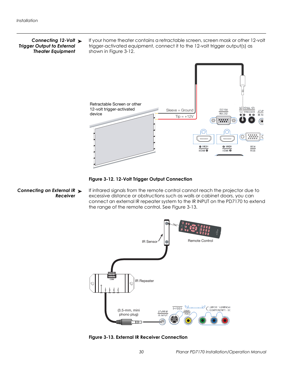 Figure 3-12 . 12-volt trigger output connection, Connecting an external ir receiver, Figure 3-13 . external ir receiver connection | Prel imina ry | Planar PD7170 User Manual | Page 44 / 100