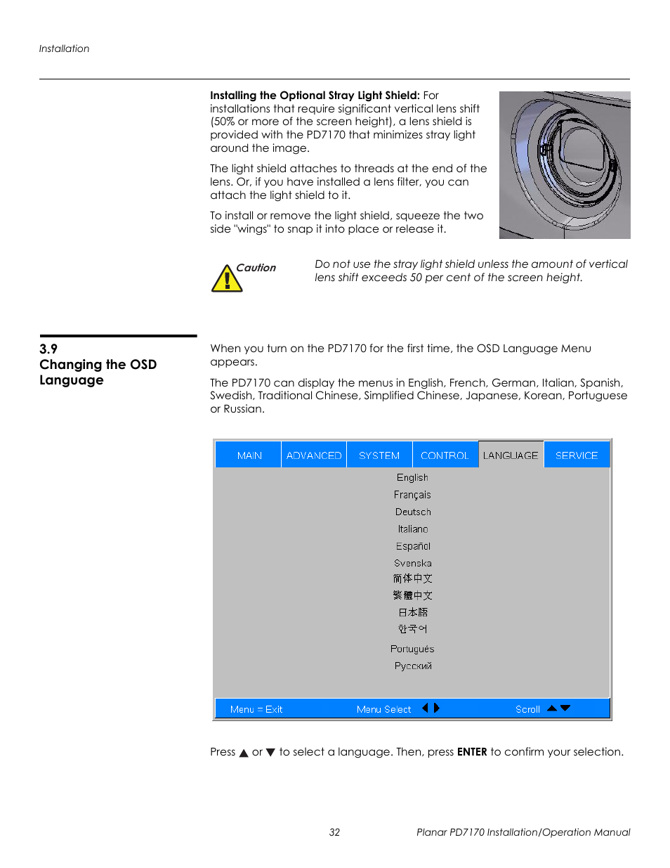 Installing the optional stray light shield, 9 changing the osd language, Changing the osd language | Prel imina ry | Planar PD7170 User Manual | Page 46 / 100