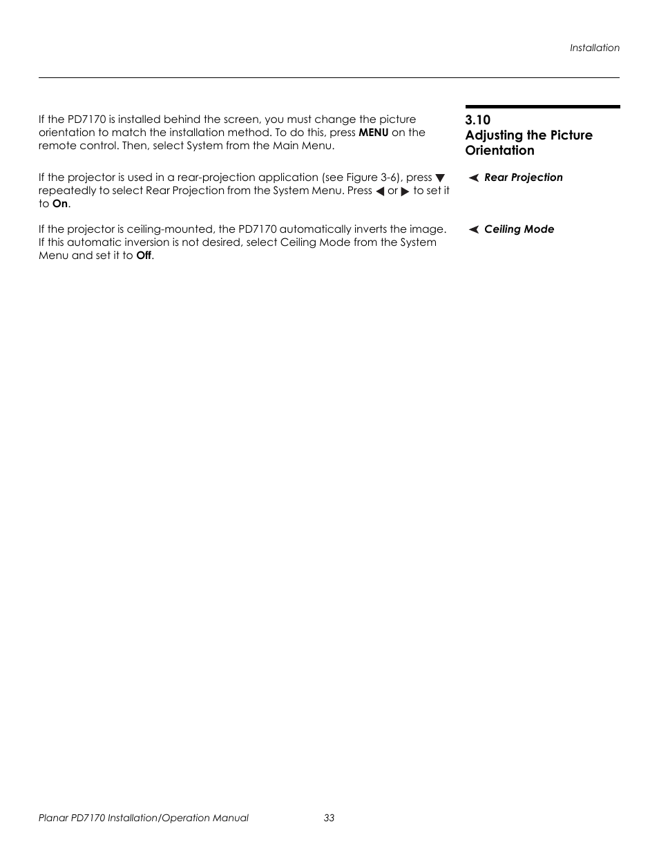 10 adjusting the picture orientation, Rear projection, Ceiling mode | Adjusting the picture orientation, Rear projection ceiling mode, Prel imina ry | Planar PD7170 User Manual | Page 47 / 100