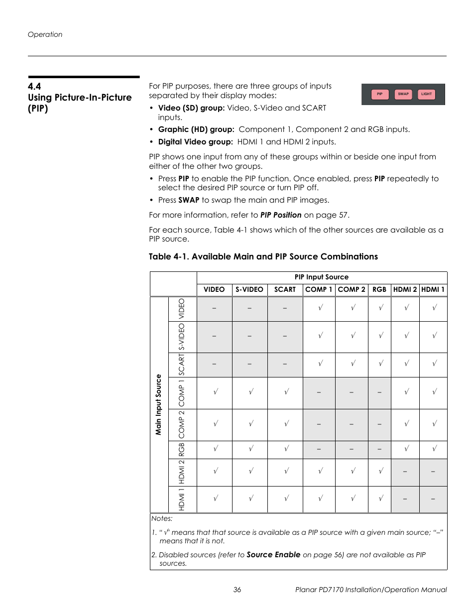 4 using picture-in-picture (pip), Using picture-in-picture (pip), Prel imina r y | Planar PD7170 User Manual | Page 50 / 100
