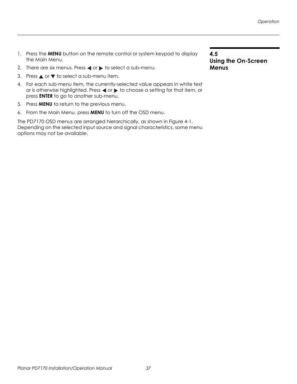 5 using the on-screen menus, Using the on-screen menus, Prel imina ry | Planar PD7170 User Manual | Page 51 / 100