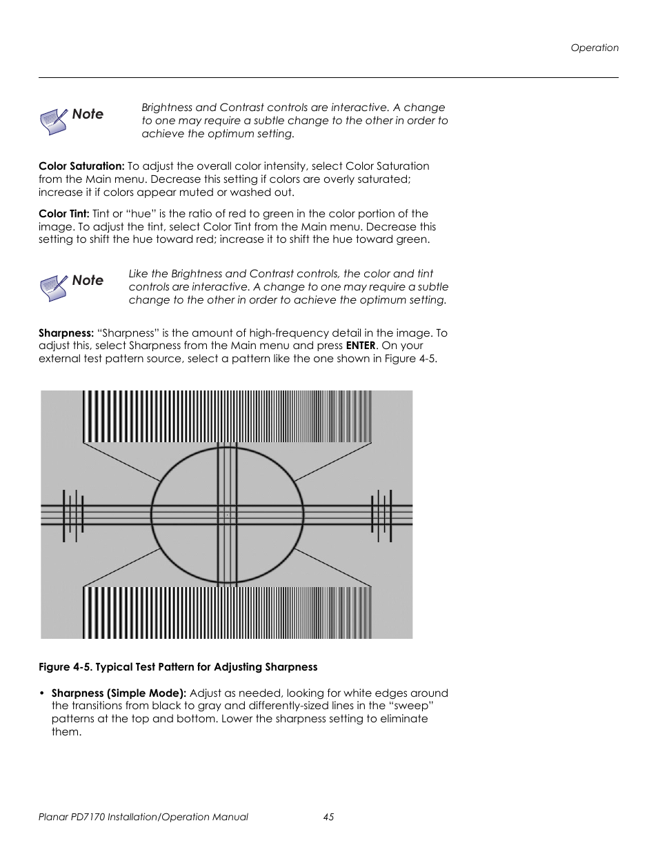 Color saturation, Color tint, Sharpness | 5. typical test pattern for adjusting sharpness, Prel imina ry | Planar PD7170 User Manual | Page 59 / 100