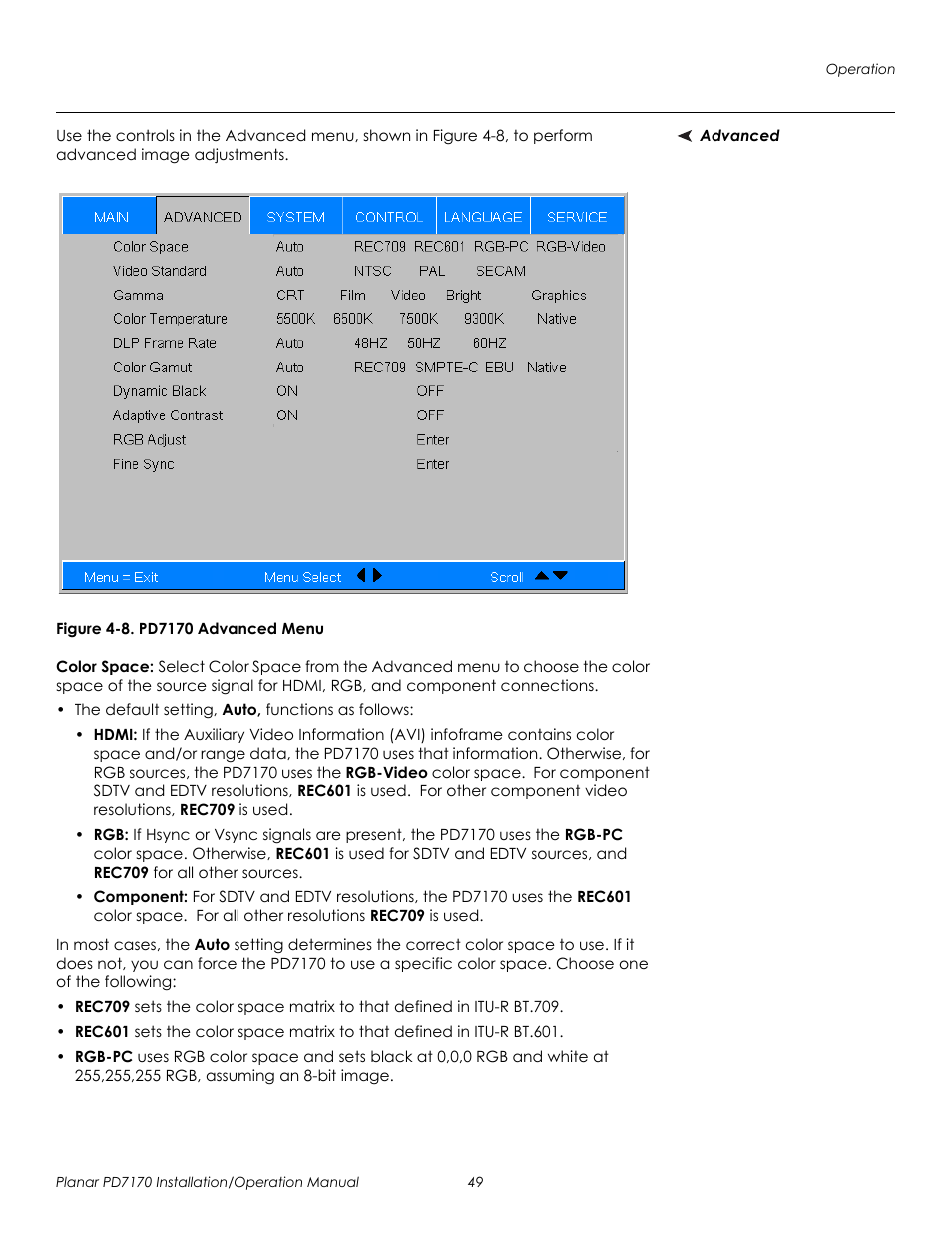 Advanced, Figure 4-8 . pd7170 advanced menu, Color space | 8. pd7170 advanced menu, Prel imina ry | Planar PD7170 User Manual | Page 63 / 100