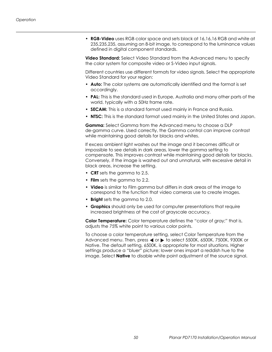 Video standard, Gamma, Color temperature | Prel imina ry | Planar PD7170 User Manual | Page 64 / 100