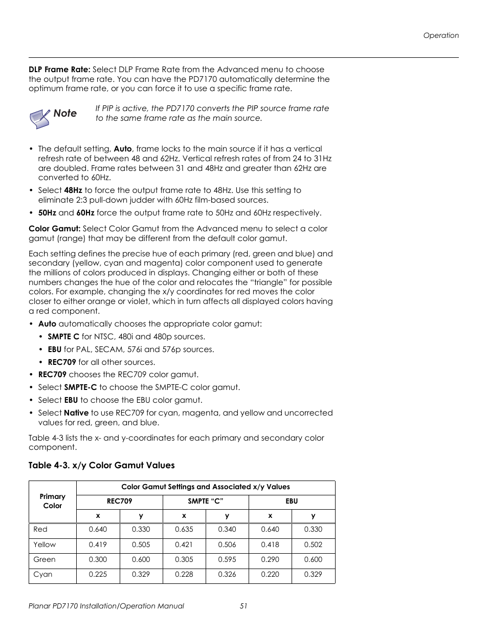 Dlp frame rate, Color gamut, Table 4-3 . x/y color gamut values | Prel imina ry | Planar PD7170 User Manual | Page 65 / 100