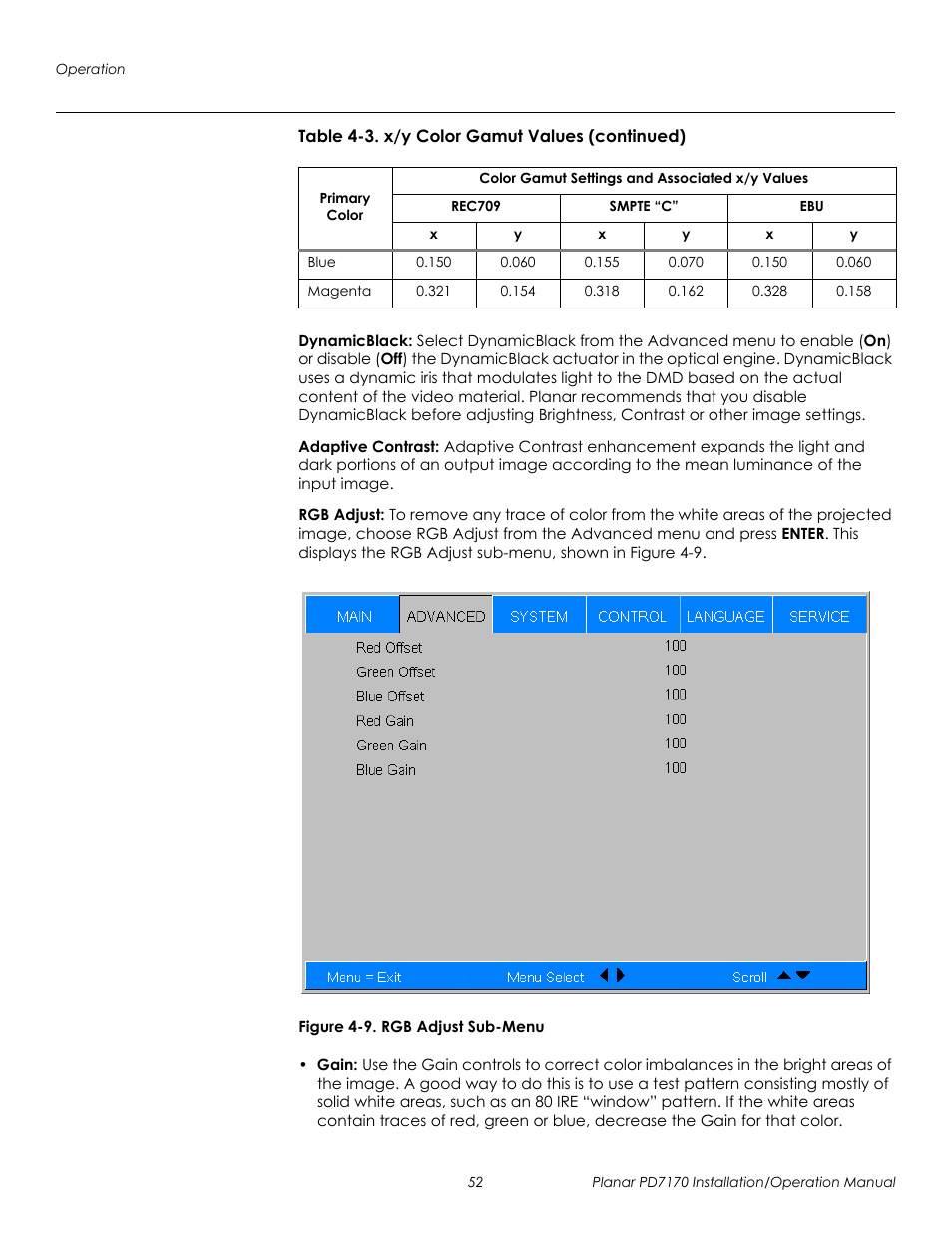 Dynamicblack, Adaptive contrast, Rgb adjust | Figure 4-9 . rgb adjust sub-menu, 9. rgb adjust sub-menu, Prel imina ry | Planar PD7170 User Manual | Page 66 / 100
