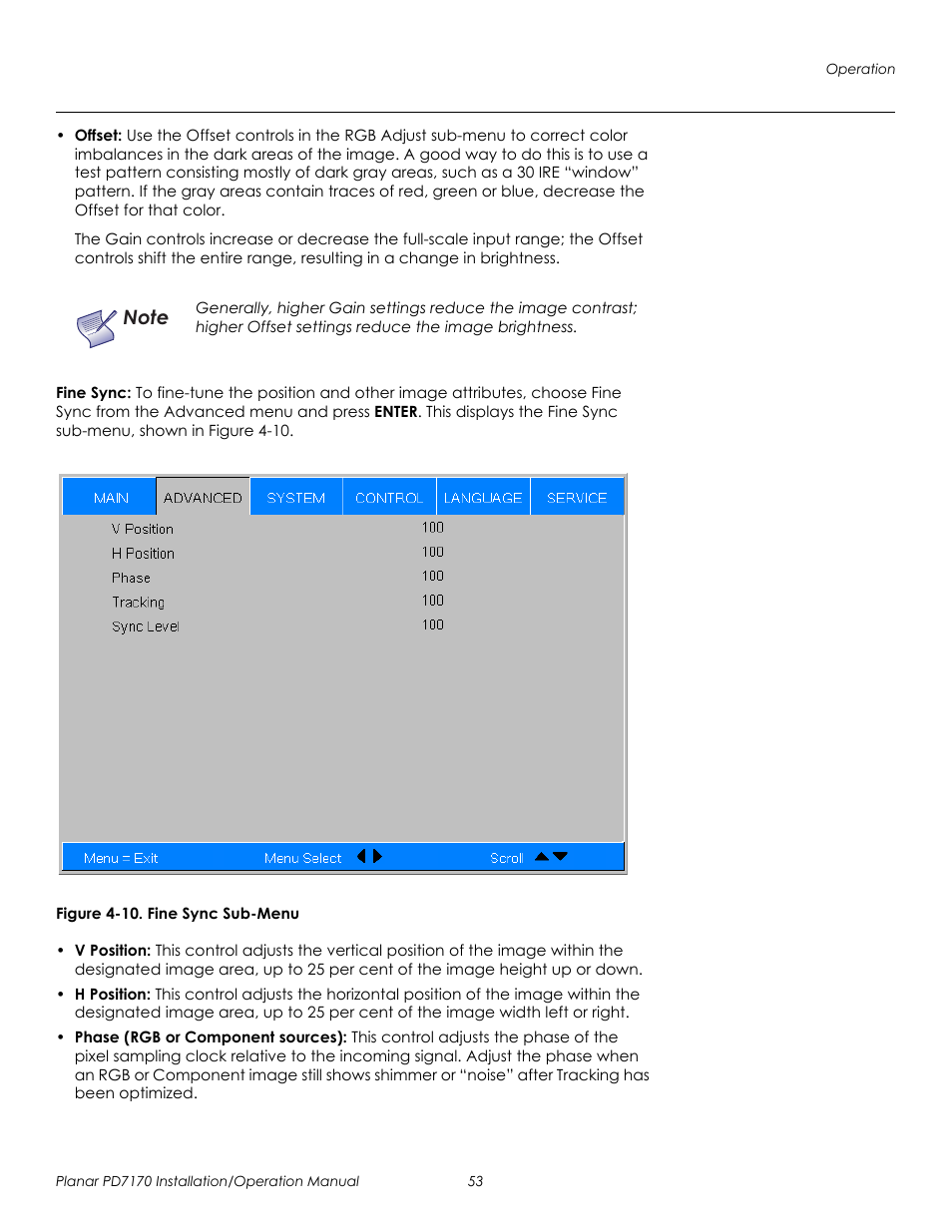 Fine sync, Figure 4-10 . fine sync sub-menu, 10. fine sync sub-menu | Prel imina ry | Planar PD7170 User Manual | Page 67 / 100