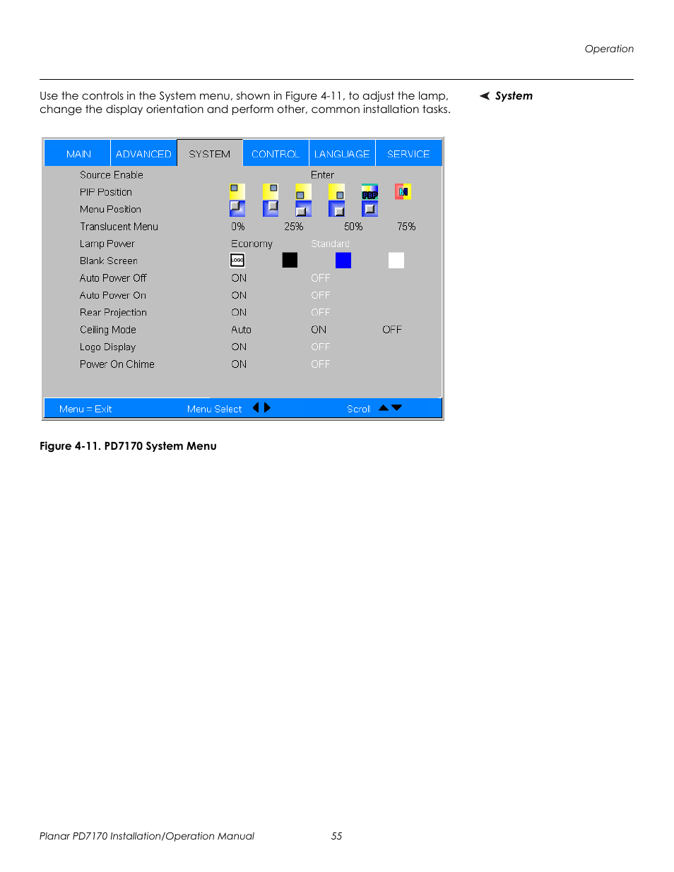 System, Figure 4-11 . pd7170 system menu, 11. pd7170 system menu | System fro, System me, Prel imina ry | Planar PD7170 User Manual | Page 69 / 100