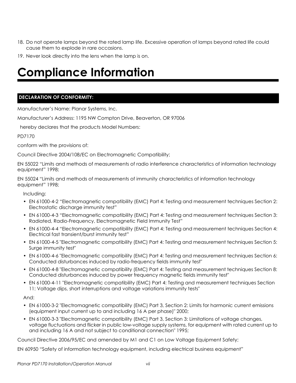 Compliance information, Prel imina ry | Planar PD7170 User Manual | Page 7 / 100