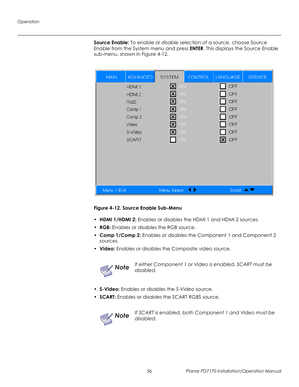 Source enable, Figure 4-12 . source enable sub-menu, 12. source enable sub-menu | Prel imina ry | Planar PD7170 User Manual | Page 70 / 100