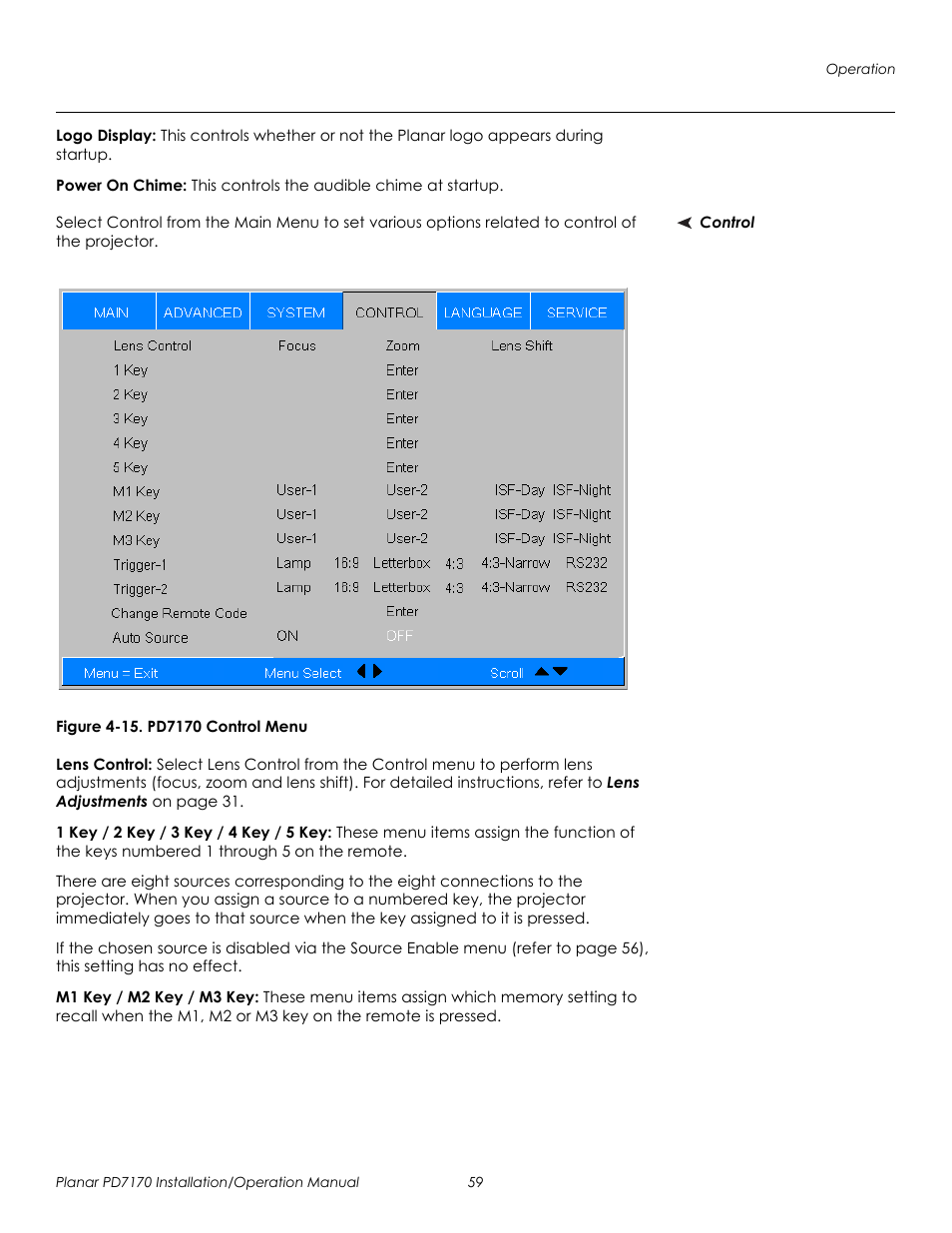 Logo display, Power on chime, Control | Figure 4-15 . pd7170 control menu, Lens control, 1 key / 2 key / 3 key / 4 key / 5 key, M1 key / m2 key / m3 key, 15. pd7170 control menu, Control from the main menu, then, Prel imina ry | Planar PD7170 User Manual | Page 73 / 100