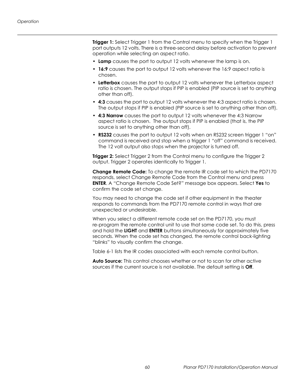 Trigger 1, Trigger 2, Change remote code | Auto source, Prel imina ry | Planar PD7170 User Manual | Page 74 / 100