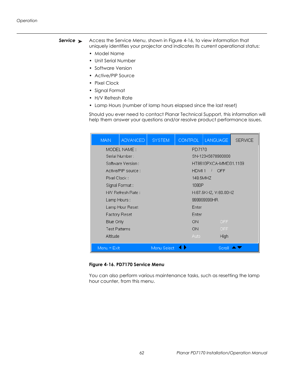 Service, Figure 4-16 . pd7170 service menu, Prel imina ry | Planar PD7170 User Manual | Page 76 / 100