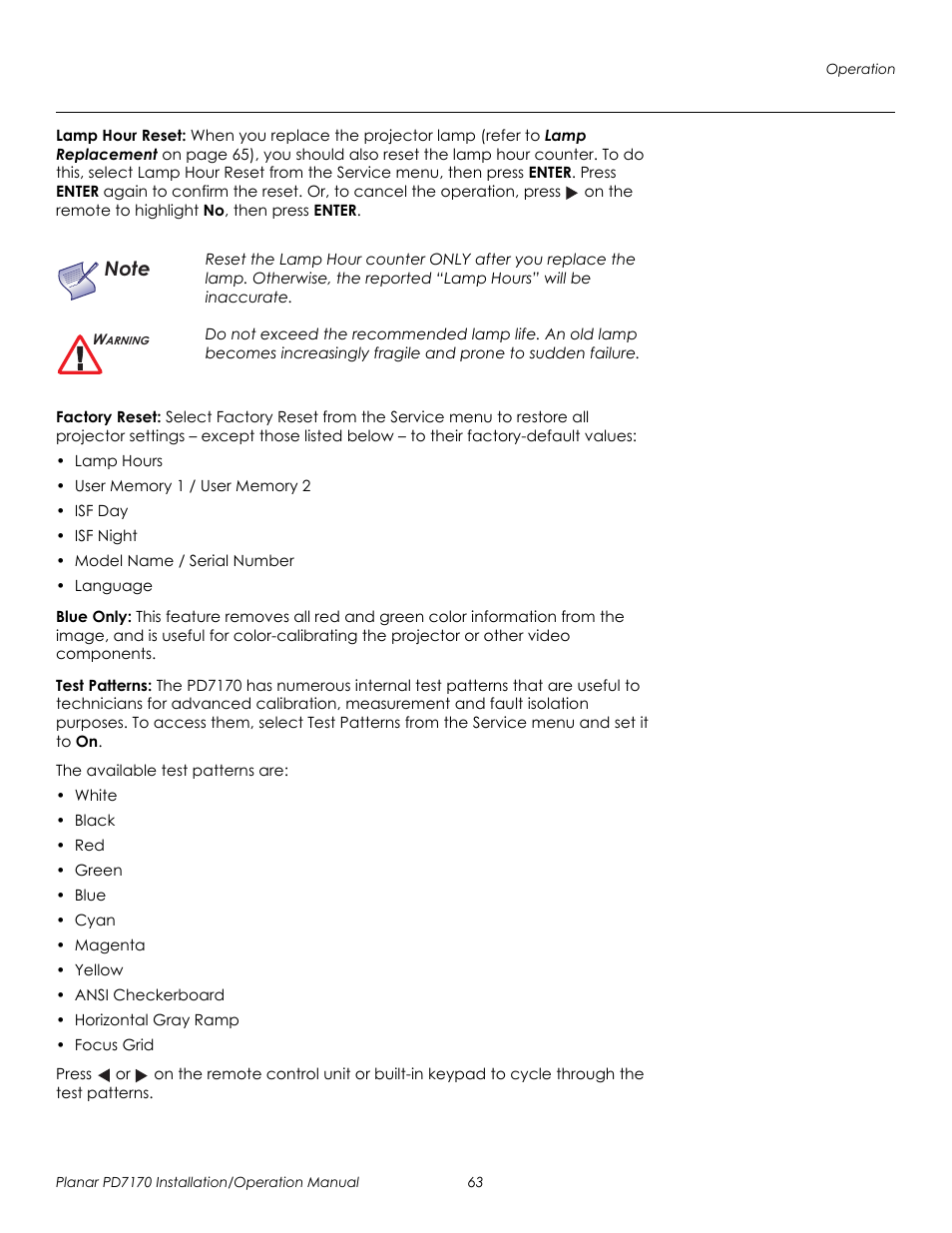 Lamp hour reset, Factory reset, Blue only | Test patterns, Prel imina ry | Planar PD7170 User Manual | Page 77 / 100