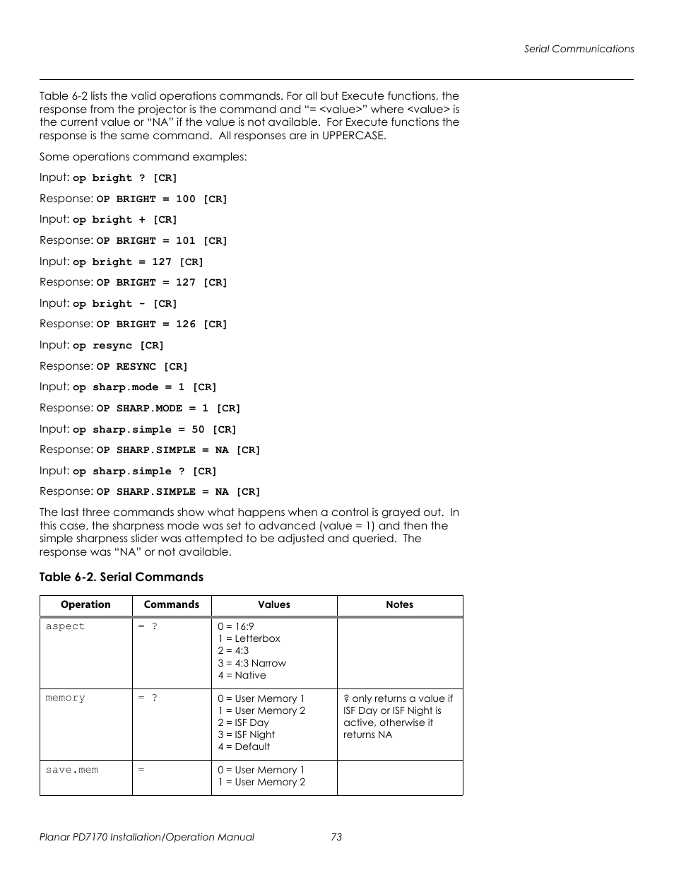 Table 6-2 . serial commands, Table 6-2 and press, Prel imina ry | Planar PD7170 User Manual | Page 87 / 100