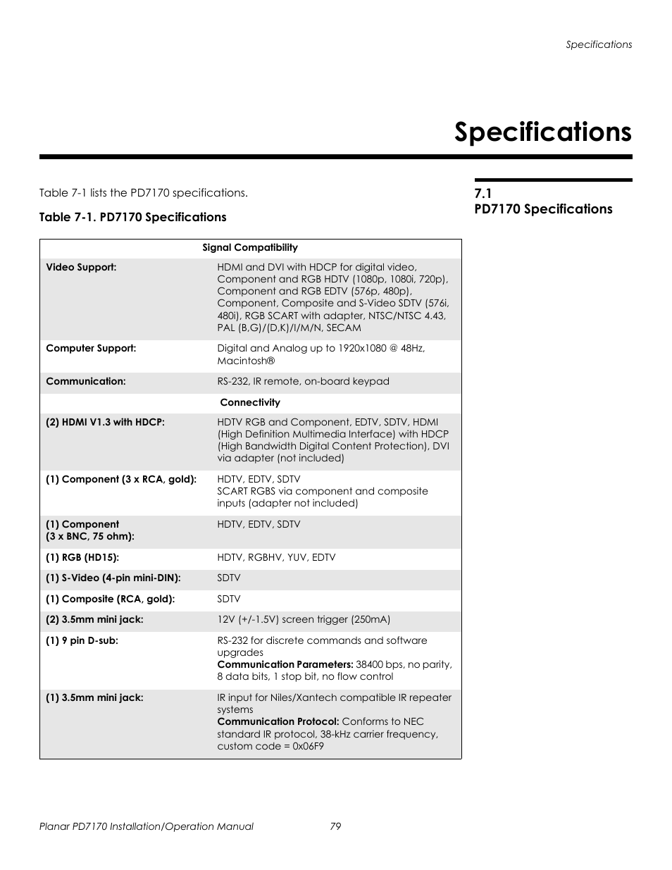 Specifications, 1 pd7170 specifications, Table 7-1 . pd7170 specifications | Pd7170 specifications, Prel imina ry | Planar PD7170 User Manual | Page 93 / 100