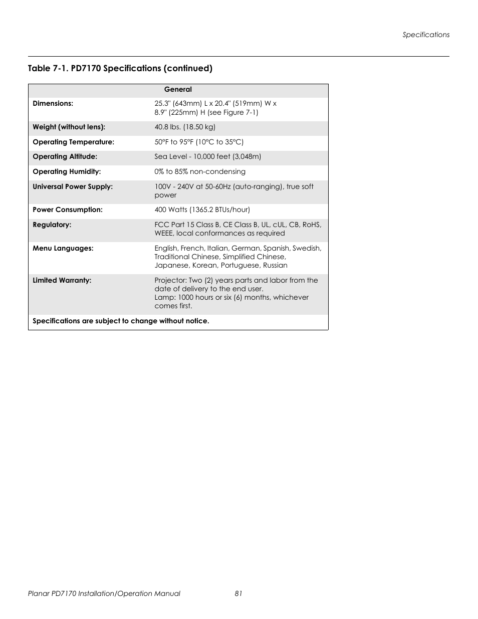 Prel imina ry | Planar PD7170 User Manual | Page 95 / 100