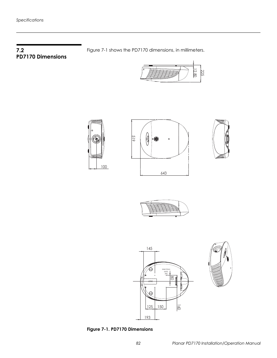 2 pd7170 dimensions, Figure 7-1 . pd7170 dimensions, Pd7170 dimensions | Prel imina ry | Planar PD7170 User Manual | Page 96 / 100