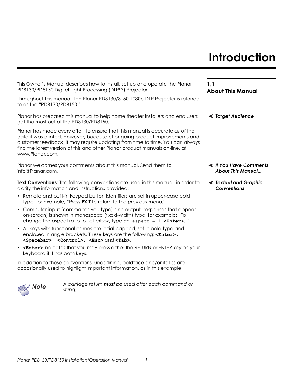 Introduction, 1 about this manual, Target audience | If you have comments about this manual, Textual and graphic conventions, Text conventions, About this manual, Prel imina ry | Planar PD8130 User Manual | Page 15 / 100