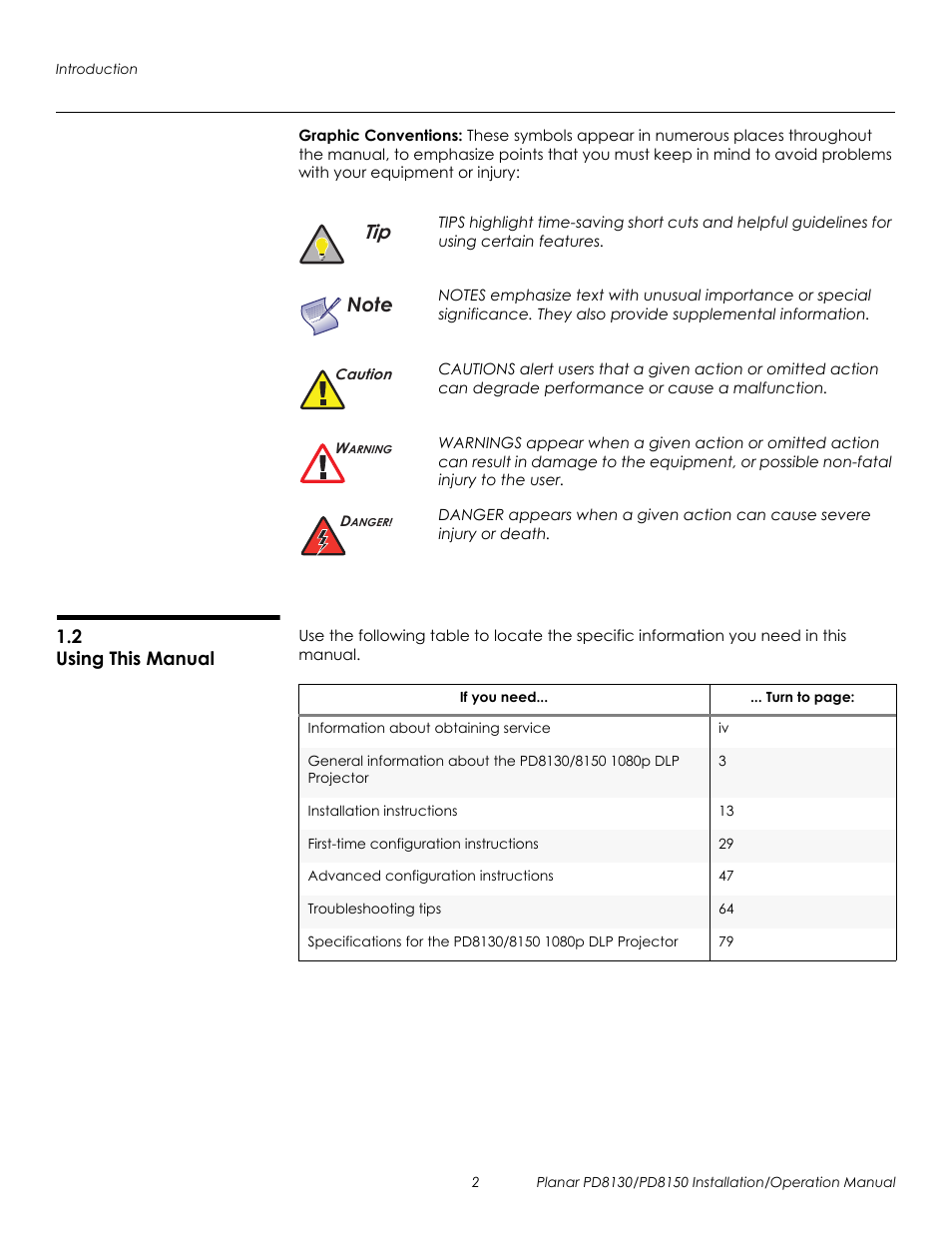 Graphic conventions, 2 using this manual, Using this manual | Prel imina ry | Planar PD8130 User Manual | Page 16 / 100