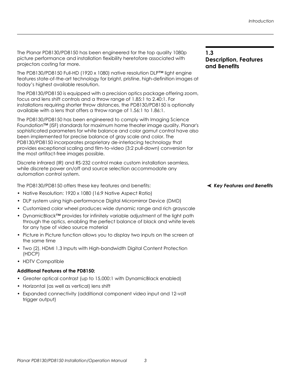 3 description, features and benefits, Key features and benefits, Additional features of the pd8150 | Description, features and benefits, Prel imina ry | Planar PD8130 User Manual | Page 17 / 100