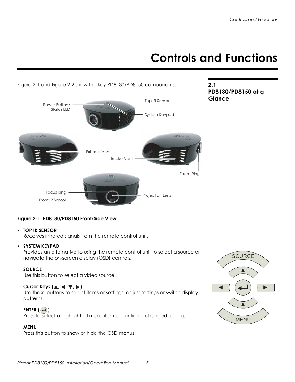 Controls and functions, 1 pd8130/pd8150 at a glance, Figure 2-1 . pd8130/pd8150 front/side view | Mina, Pd8130/pd8150 at a glance, 1. pd8130/pd8150 front/side view, Prel imina ry | Planar PD8130 User Manual | Page 19 / 100