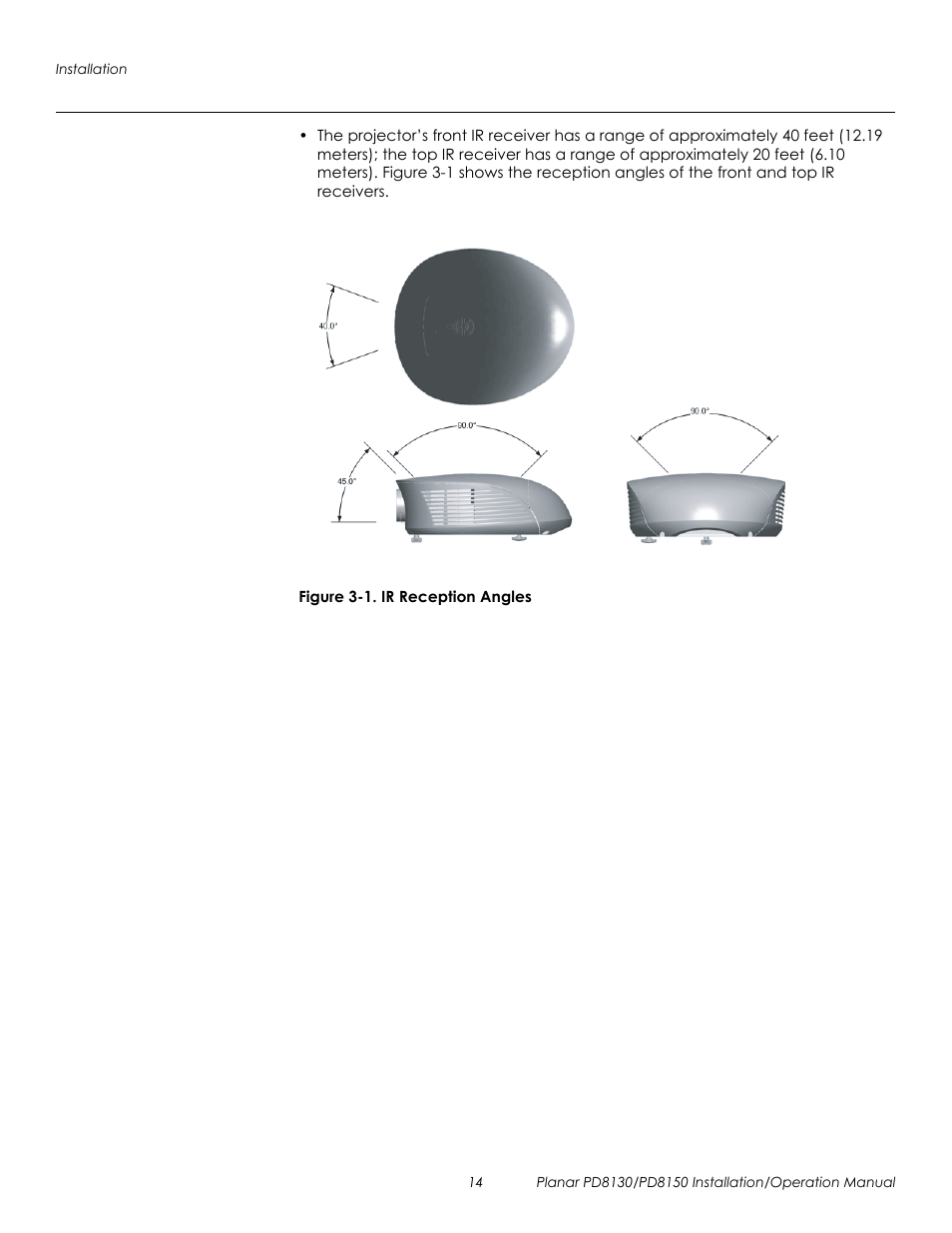 Figure 3-1 . ir reception angles, 1. ir reception angles, Prel imina ry | Planar PD8130 User Manual | Page 28 / 100