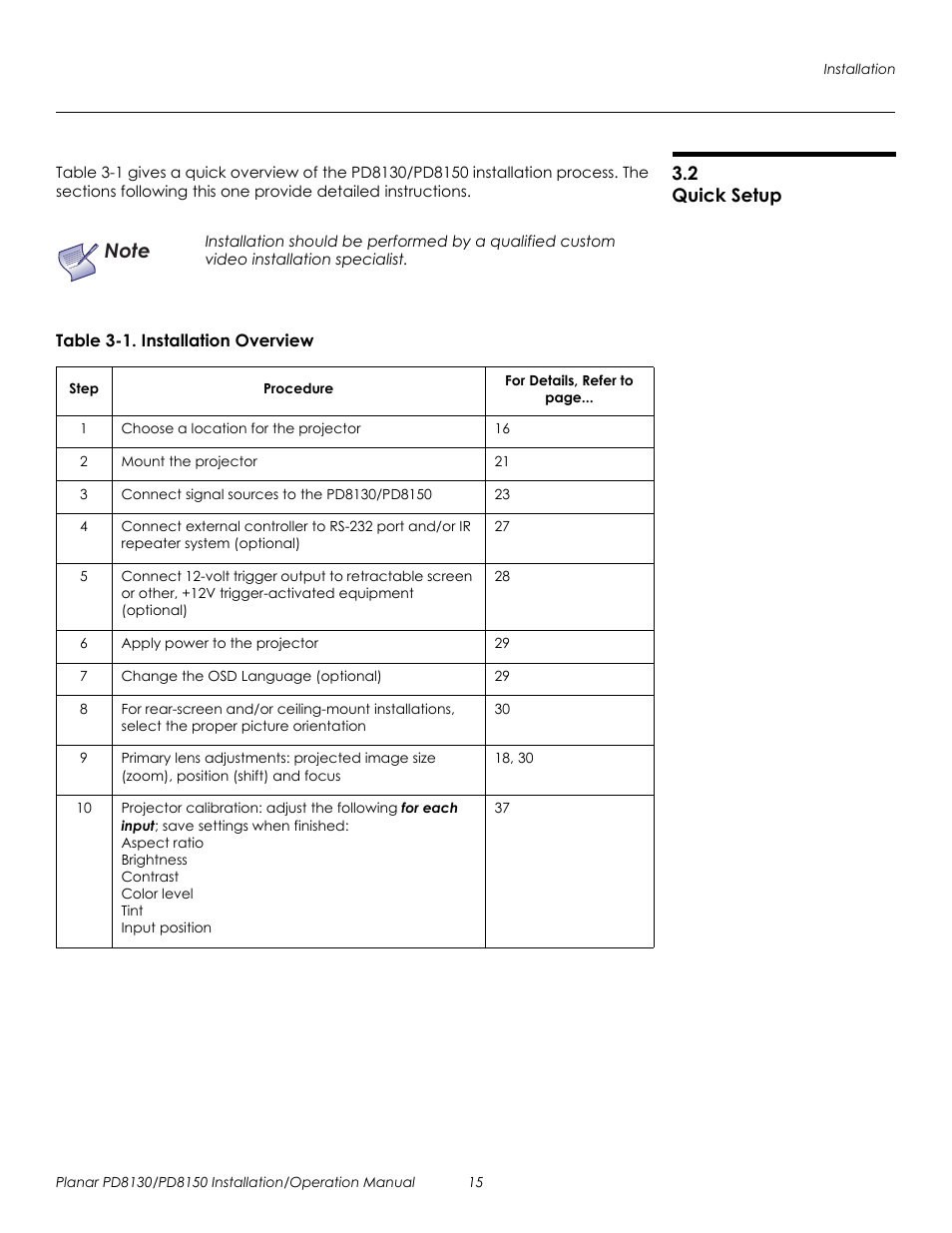 2 quick setup, Table 3-1 . installation overview, Quick setup | Prel imina ry | Planar PD8130 User Manual | Page 29 / 100